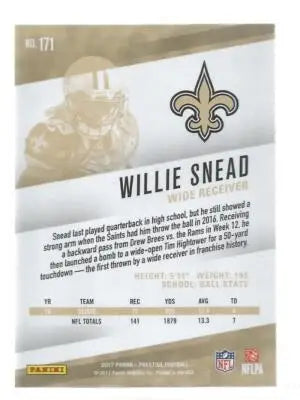 Original gloss of Willie Snead football trading card from Panini Prestige Simply Sandoval collection
