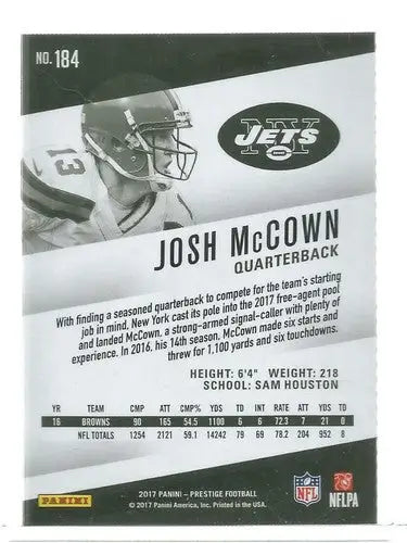2017 Panini Prestige Josh McCown football card with stats, original gloss, sports cards