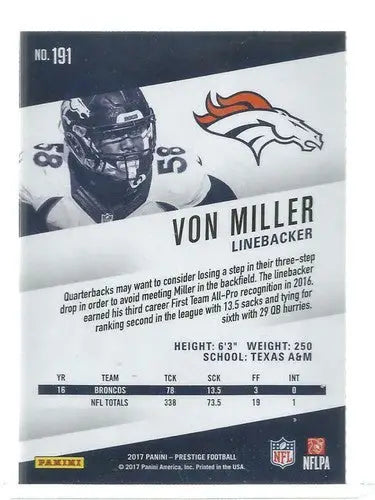 Original gloss of Von Miller football trading card from 2017 Panini Prestige Broncos