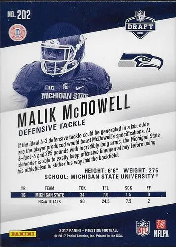 Original gloss Panini Prestige Malik McDowell football card from 2017 Seahawks Rookie series