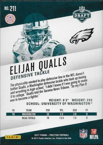 2017 Panini Prestige #211 Elijah Qualls NM-MT RC Rookie Eagles Rookies - Football Card Single