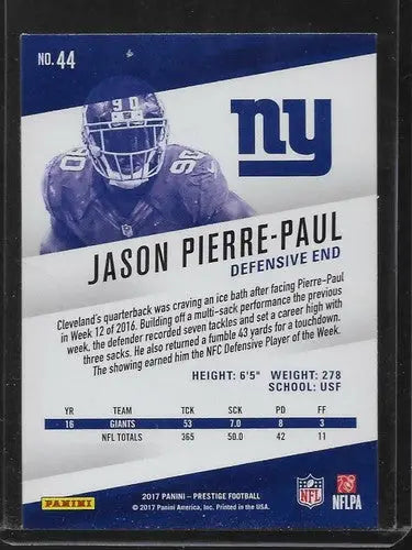 Original gloss Panini Prestige Jason Pierre-Paul 2017 football trading card showcasing stats