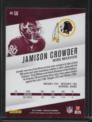 Original gloss Jamison Crowder football card with player stats from Panini Prestige Simply Sandoval