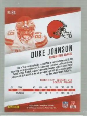 Original gloss of Duke Johnson football trading card from Panini Prestige 2017 Simply Sandoval