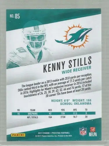Back of a Kenny Stills football card from 2017 Panini Prestige Dolphins featuring original gloss