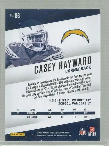 2017 Panini Prestige Casey Hayward football card with team logo stats and original gloss