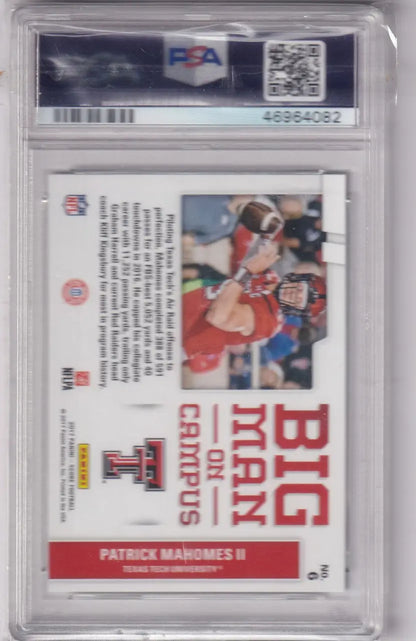 PSA-graded 2017 Panini Score Big Man on Campus Patrick Mahomes card in clear case