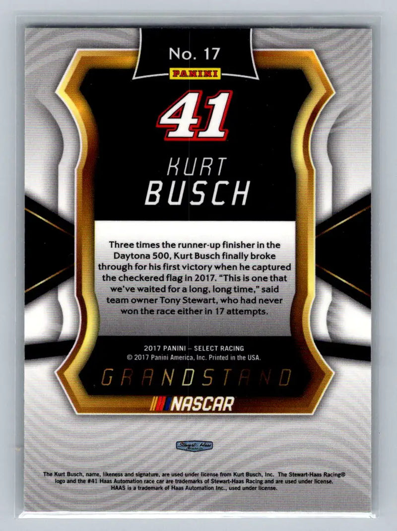 2017 Panini Select #17 Kurt Busch Stewart-Haas Racing - Racing Card Single
