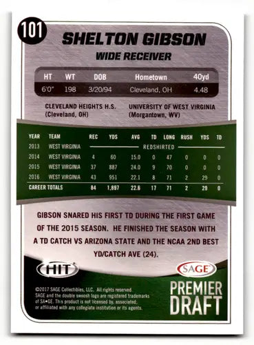 Shelton Gibson football card from 2017 SAGE Hit Premier Draft Blue collection