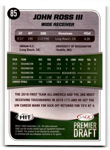 Original gloss 2017 Sage Hit Premier Draft Blue John Ross III football card NM-MT