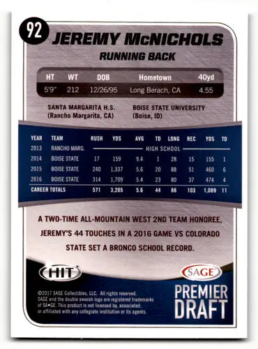 Jeremy McNichols football card from 2017 Sage Hit Premier Draft Blue collection