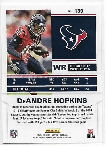DeAndre Hopkins football card from 2017 Score Scorecard with original gloss