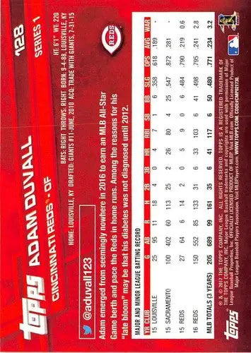 Baseball card of Adam Duvall from 2017 Topps #128 with original gloss, Reds player