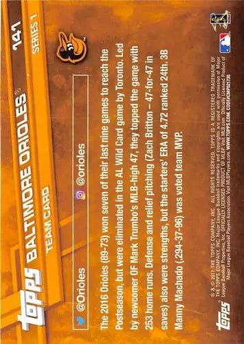 Baseball card back with original gloss from 2017 Topps Baltimore Orioles NM-MT