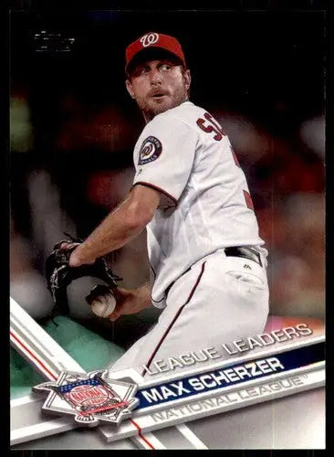 Original gloss baseball card of Max Scherzer in Nationals uniform from 2017 Topps series