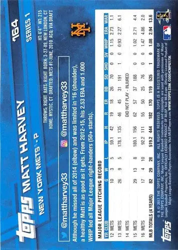2017 Topps #164 Matt Harvey NM-MT Mets ID:4340 - Baseball Card Single