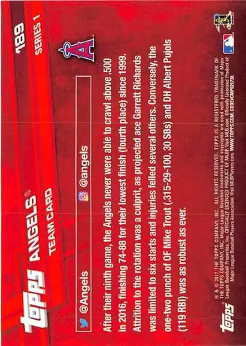 Original gloss Los Angeles Angels baseball card from 2017 Topps #189 Los Angeles