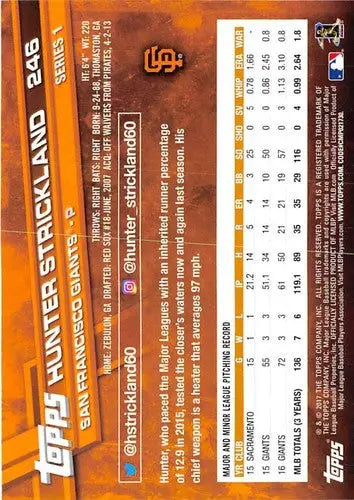 Baseball card back of 2017 Topps Hunter Strickland Giants with original gloss