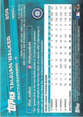 Baseball card back showing original gloss for Taijuan Walker NM-MT Mariners