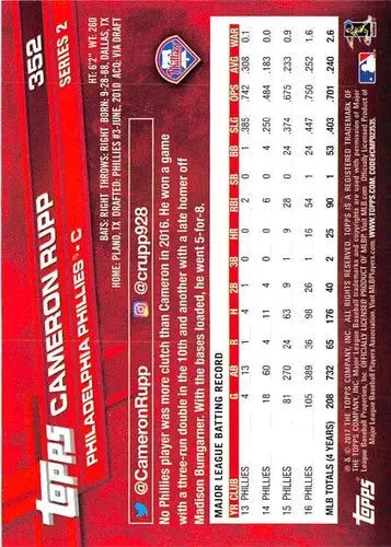 Original gloss baseball trading card of Cameron Rupp from 2017 Topps #352 Phillies