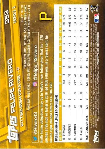2017 Topps Felipe Rivero baseball card back with original gloss, felipe rivero nm-mt