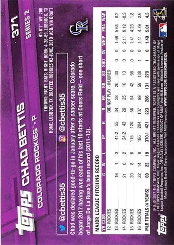 2017 Topps #371 Chad Bettis NM-MT Rockies ID:6491 - Baseball Card Single