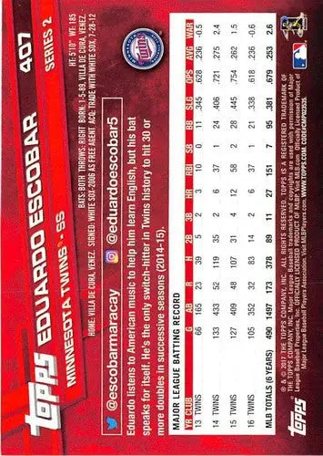 2017 Topps #407 Eduardo Escobar NM-MT Twins - Baseball Card Single