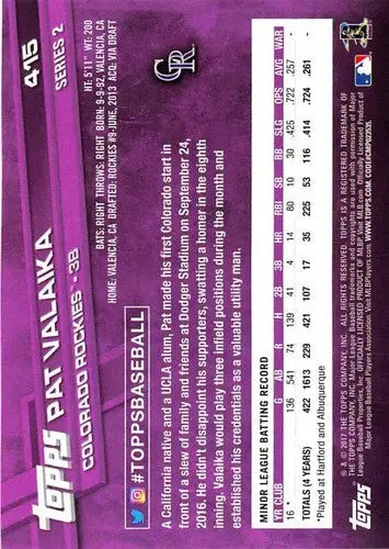 2017 Topps #415 Pat Valaika NM-MT RC Rookie Rockies - Baseball Card Single