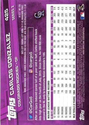 2017 Topps #425 Carlos Gonzalez NM-MT Rockies - Baseball Card Single