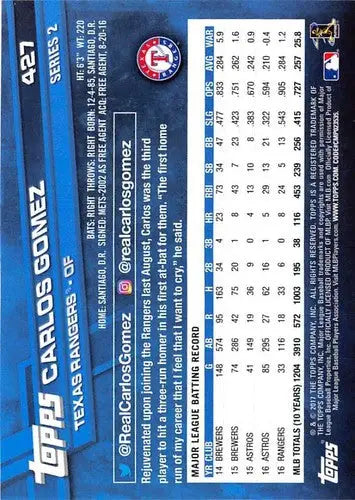 2017 Topps #427 Carlos Gomez NM-MT Rangers ID:1684 - Baseball Card Single