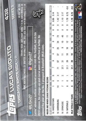 2017 Topps #432 Lucas Giolito NM-MT White Sox - Baseball Card Single