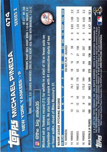 2017 Topps #474 Michael Pineda NM-MT Yankees - Baseball Card Single