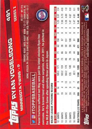 Original gloss Ryan Vogelsong baseball card 2017 Topps NM-MT Twins ID 4886