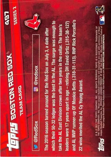 Baseball card back featuring Boston Red Sox team details from 2017 Topps #497
