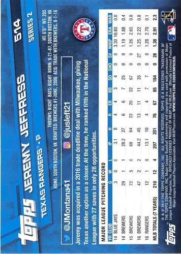 2017 Topps #514 Jeremy Jeffress NM-MT Rangers - Baseball Card Single