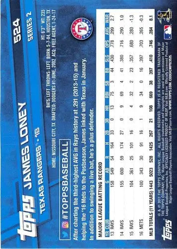 2017 Topps #524 James Loney NM-MT Rangers - Baseball Card Single
