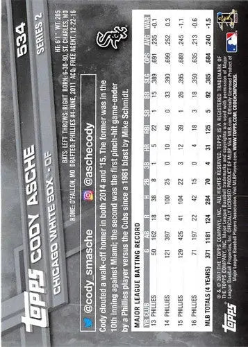2017 Topps #534 Cody Asche NM-MT White Sox ID:5440 - Baseball Card Single