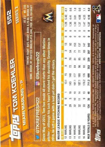 Original gloss Tom Koehler baseball card 2017 Topps NM-MT Marlins ID 6503