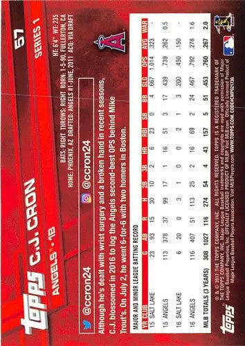 2017 Topps C.J. Cron baseball card with original gloss, NM-MT Angels collectible
