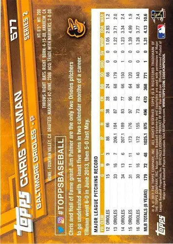 2017 Topps Chris Tillman baseball card with original gloss Orioles NM-MT