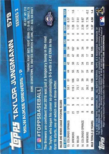 2017 Topps #579 Taylor Jungmann NM-MT Brewers - Baseball Card Single