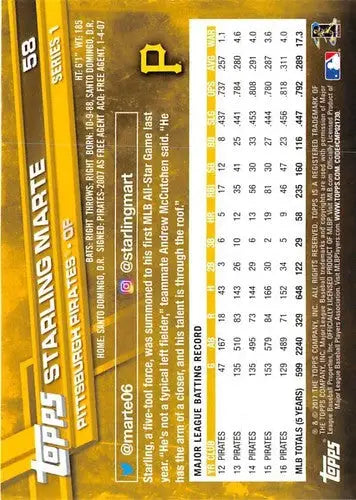 Starling Marte baseball card with original gloss from 2017 Topps #58 NM-MT Pirates