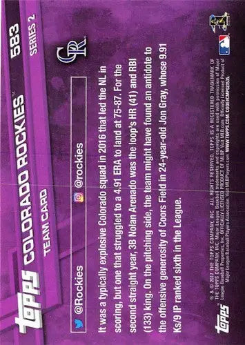 Baseball card back with original gloss from 2017 Topps Simply Sandoval Colorado Rockies