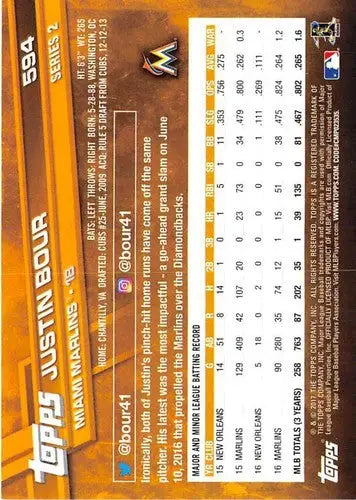 2017 Topps Justin Bour baseball card back with original gloss, NM-MT Marlins ID 6507