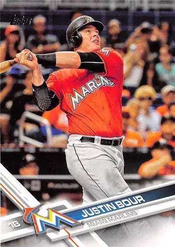 Baseball card of Justin Bour with original gloss, 2017 Topps NM-MT Marlins