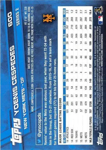 2017 Topps #600 Yoenis Cespedes NM-MT Mets - Baseball Card Single
