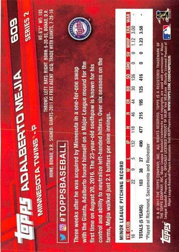 2017 Topps #609 Adalberto Mejia NM-MT RC Rookie Twins - Baseball Card Single