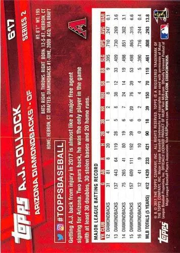 2017 Topps #617 A.J. Pollock baseball card with original gloss, ideal for sports cards collectors