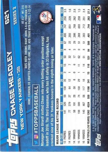 2017 Topps #621 Chase Headley NM-MT Yankees - Baseball Card Single