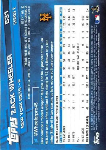 2017 Topps #631 Zack Wheeler NM-MT Mets - Baseball Card Single